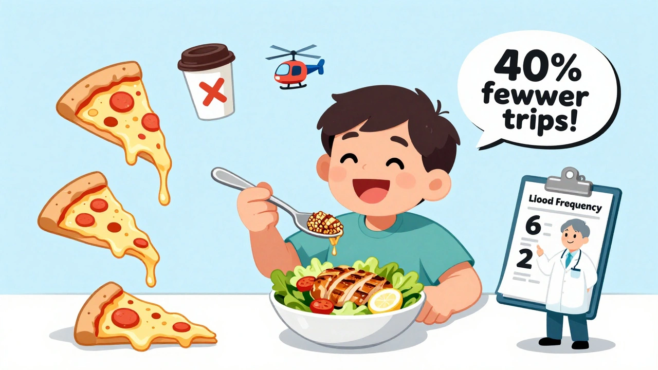 Patient eating salad with psyllium spoon, greasy foods and coffee marked with Xs in background.