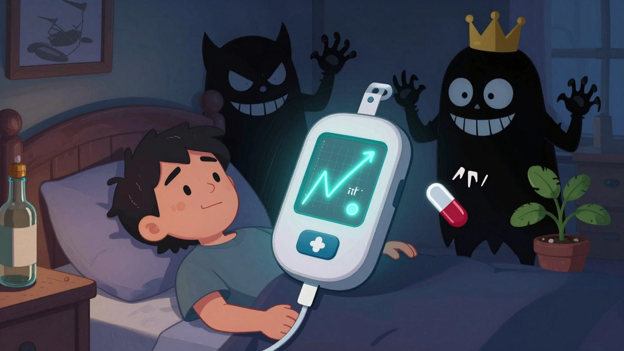 Patient with CGM at night, hidden dangerous substances lurking in shadows like tonic water and steroids.