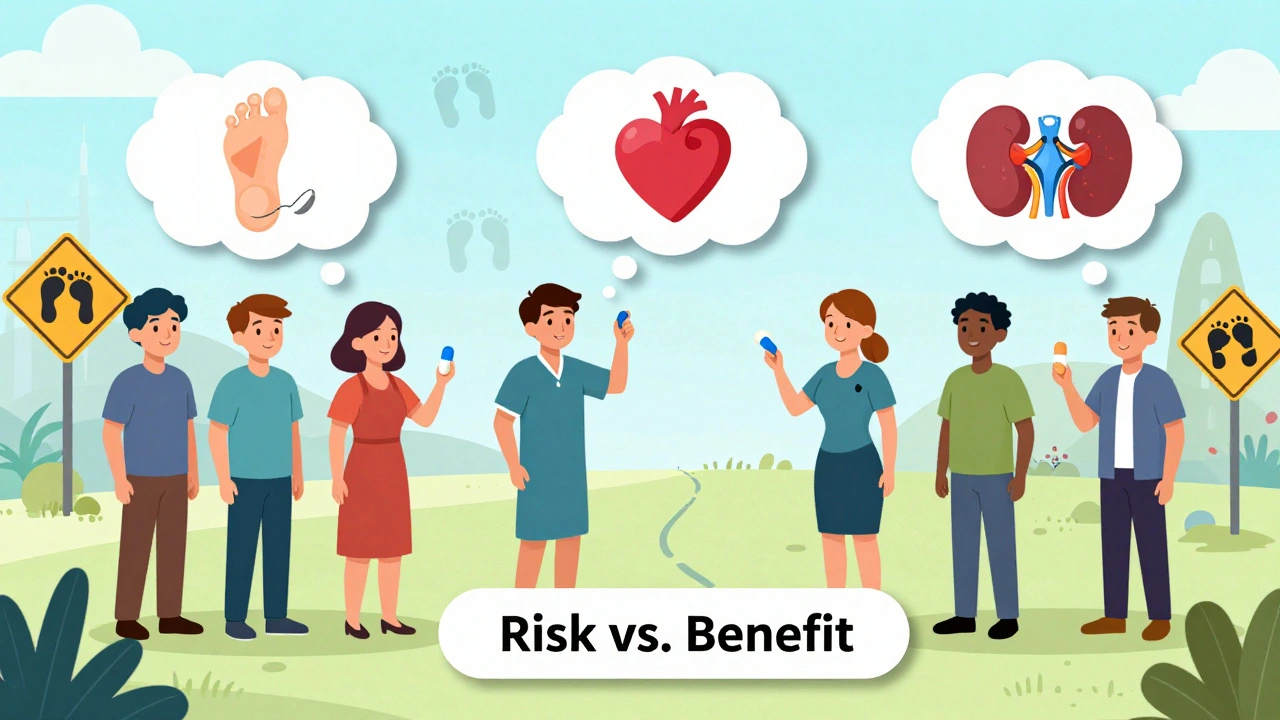 Patients holding different diabetes pills with thought bubbles showing heart, kidney, and foot outcomes.