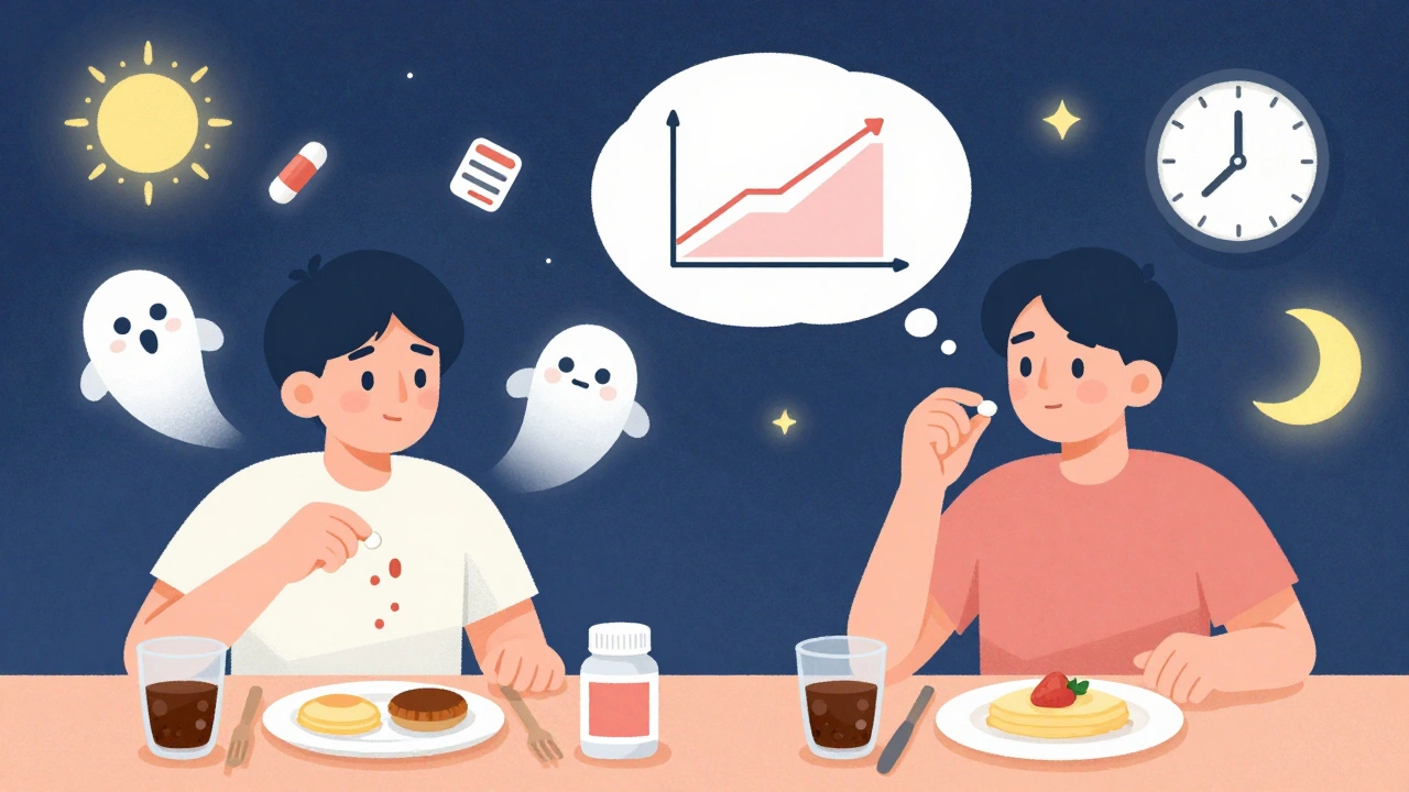 Person taking medicine at breakfast and dinner with sun and moon icons