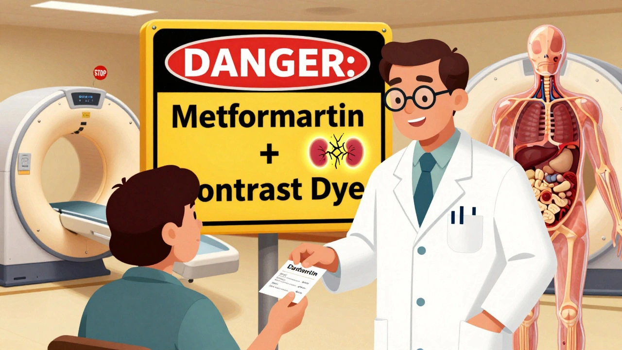 Pharmacist giving prescription as giant warning sign appears over metformin and contrast dye interaction.