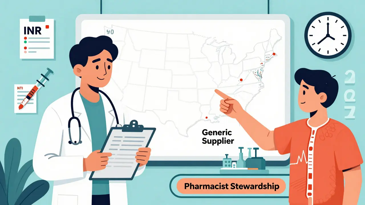 Pharmacist pointing at a U.S. map with NTI drug shortage dots, patient’s bloodstream shown in cross-section.