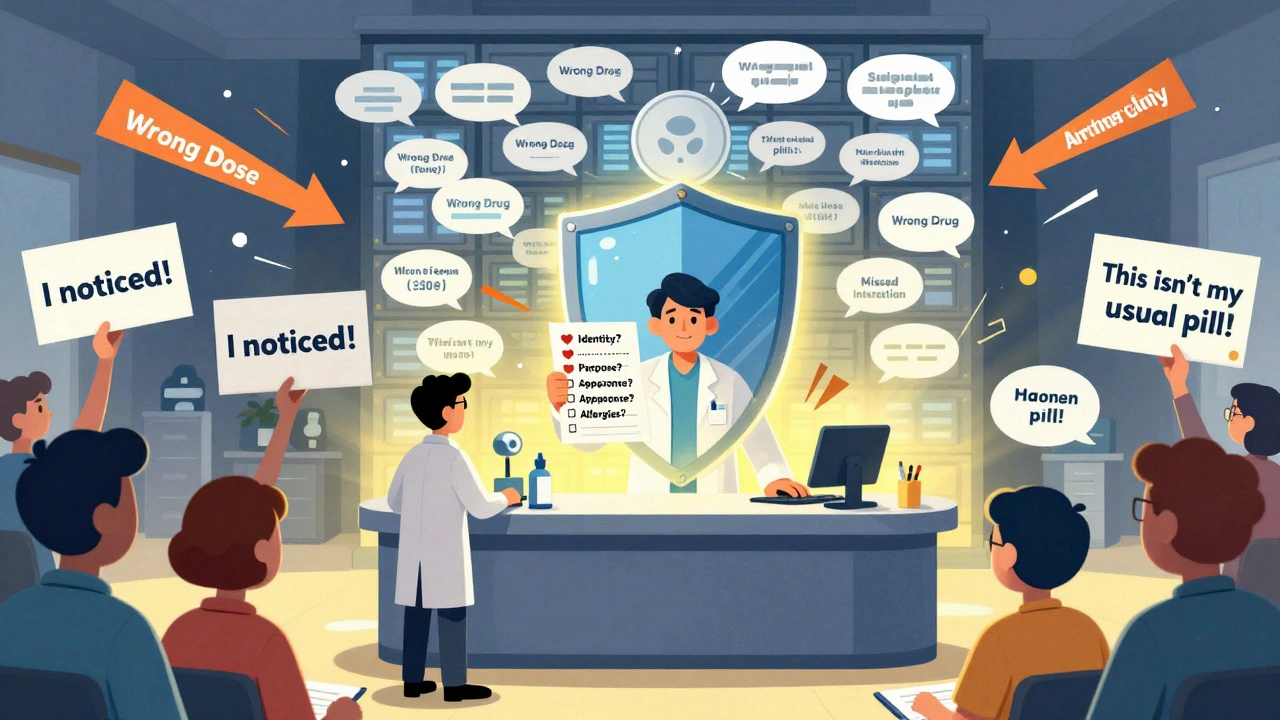 Pharmacist with floating counseling checklist, blocking error arrows with a human firewall of patient speech bubbles.