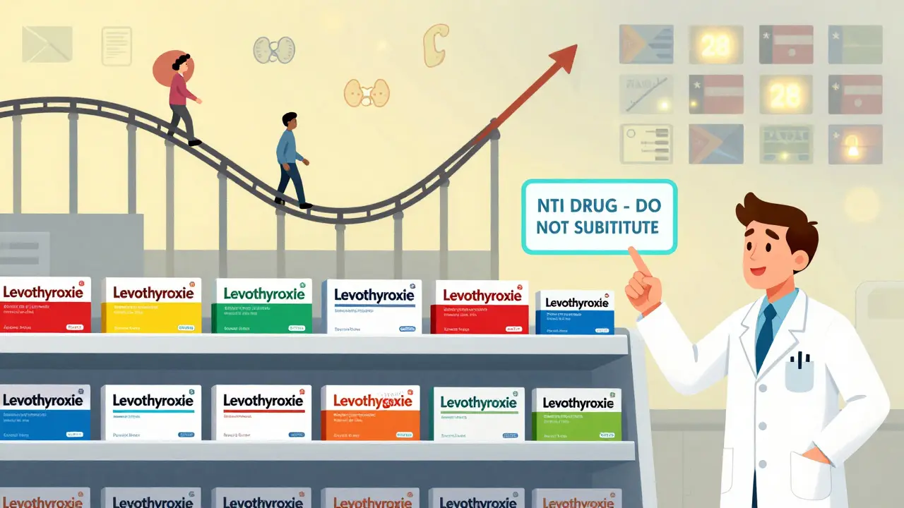 Pharmacy shelf with levothyroxine packages and a red recall label, TSH levels rising like a rollercoaster.