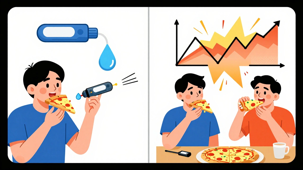Pizza meal with extended bolus vs immediate bolus, showing stable vs chaotic blood sugar outcomes.
