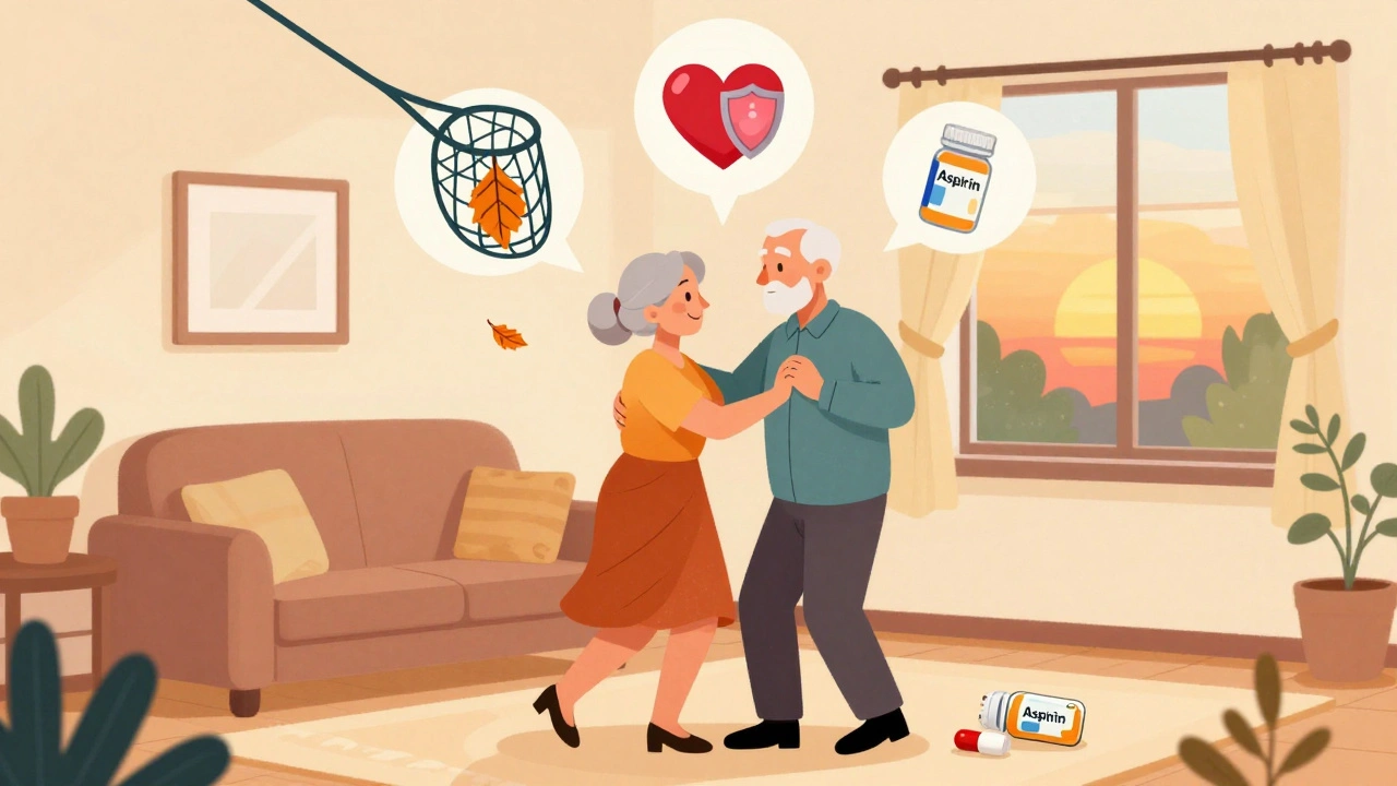 Senior couple dancing, surrounded by icons of fall prevention, anticoagulant protection, and aspirin discarded.