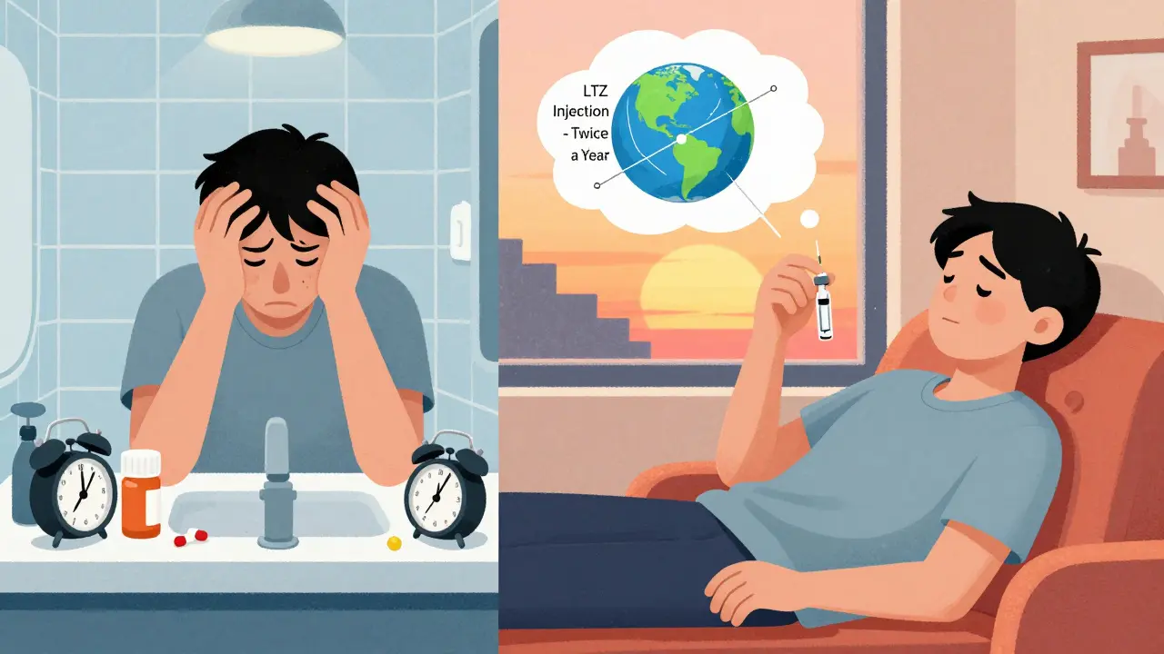 Split illustration comparing daily pill stress to calm injection-based HIV care with sunset backdrop.