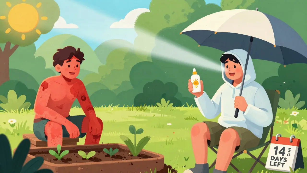 Split image: one side shows sunburned skin, other side shows safe shade with calendar marking 14 days of caution.