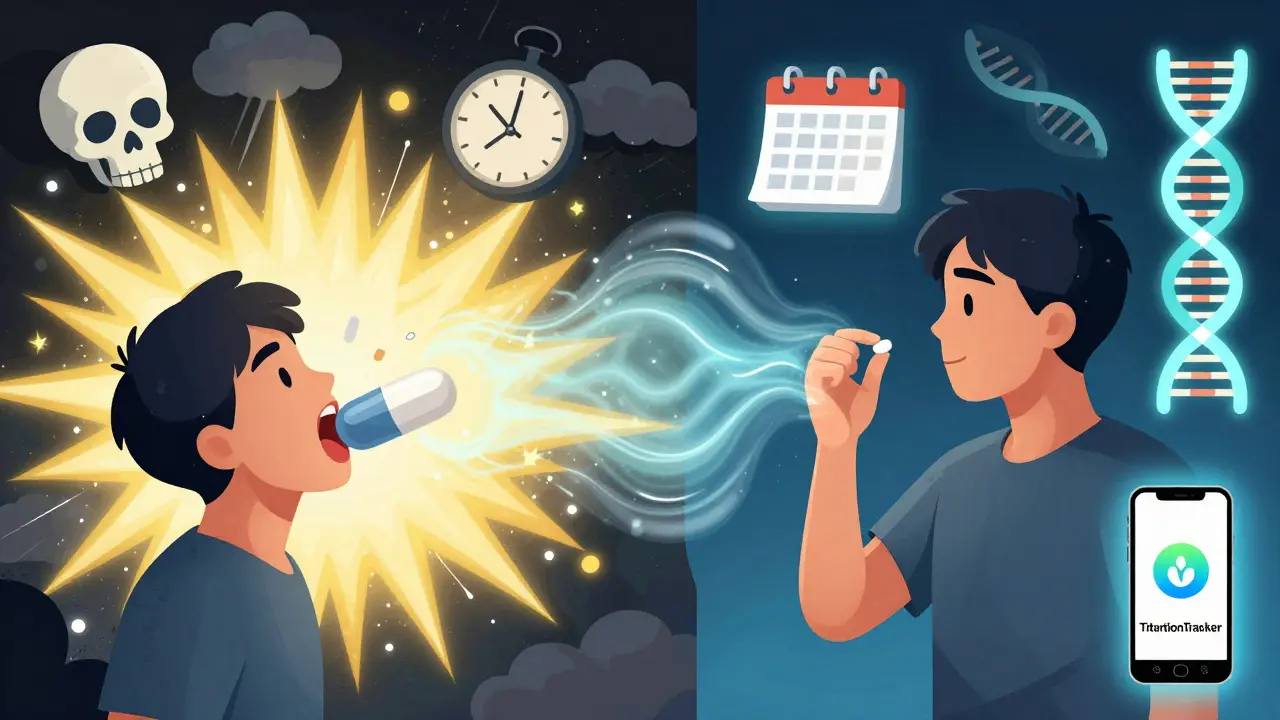 Split scene: chaotic side effects vs. calm titration with DNA and app icon in background.