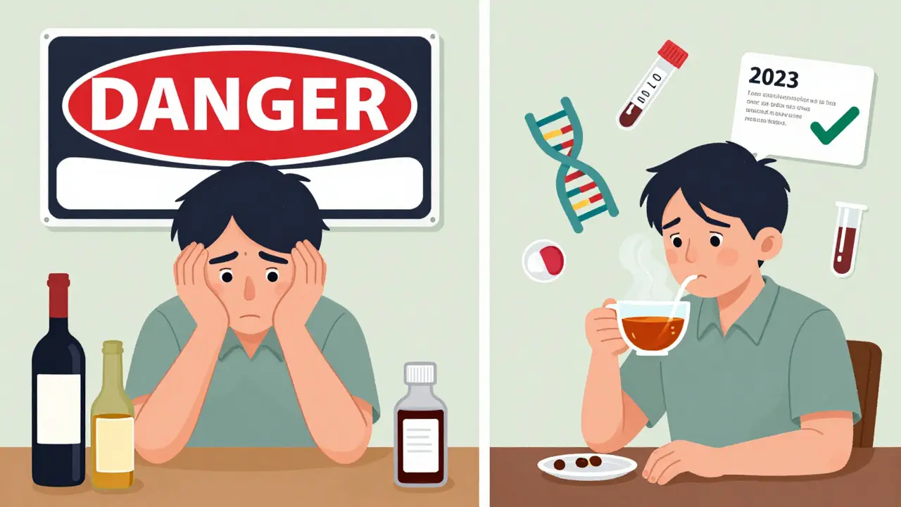 Split scene: one side shows fear of alcohol with metronidazole, the other shows calm acceptance with scientific evidence.