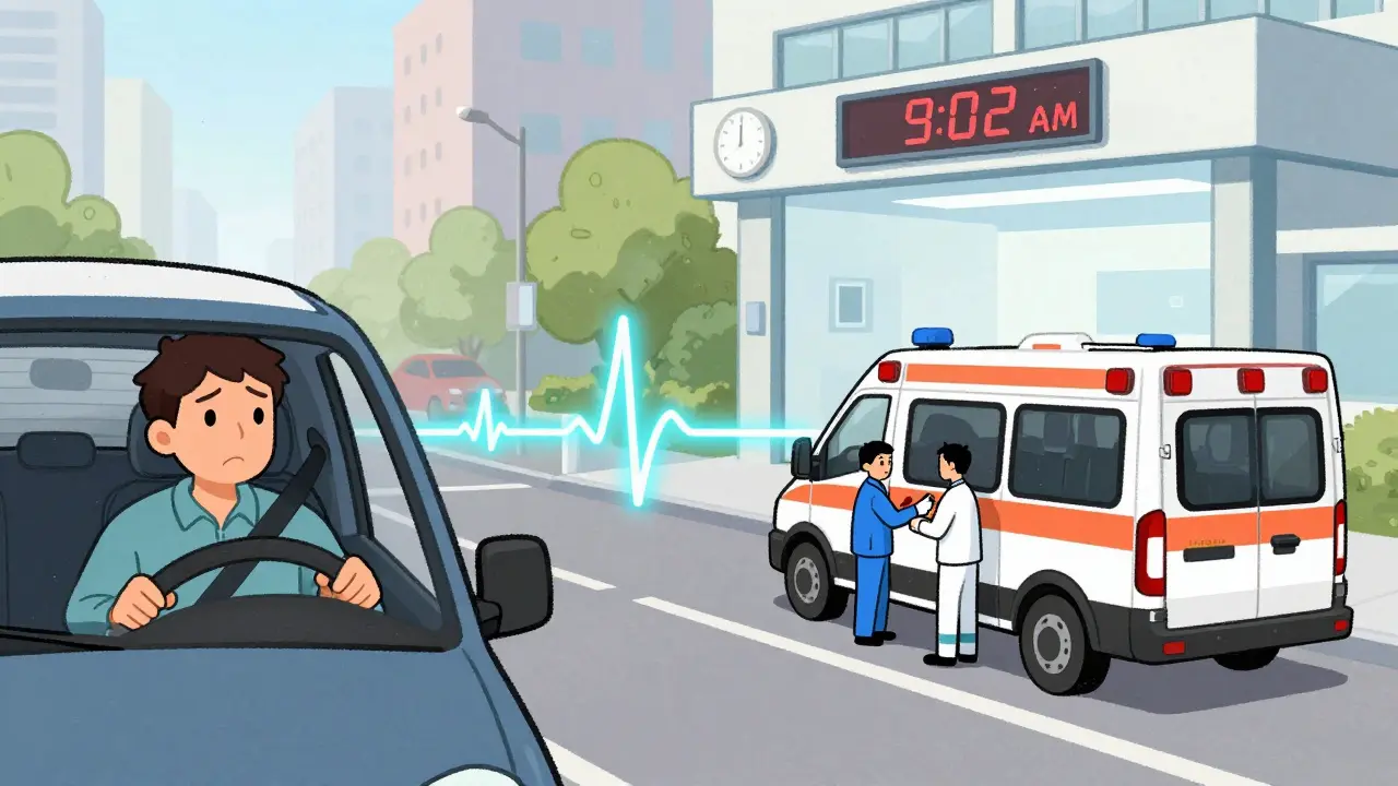 Split scene: person driving vs. ambulance crew giving ECG and aspirin en route to hospital.