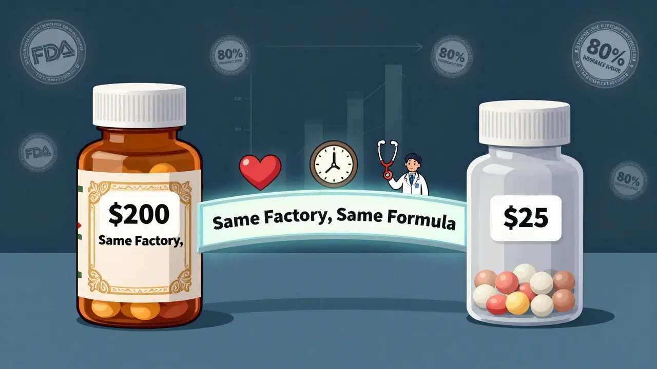 Split-screen comparison of brand and authorized generic pills connected by a glowing bridge labeled 'Same Formula'.