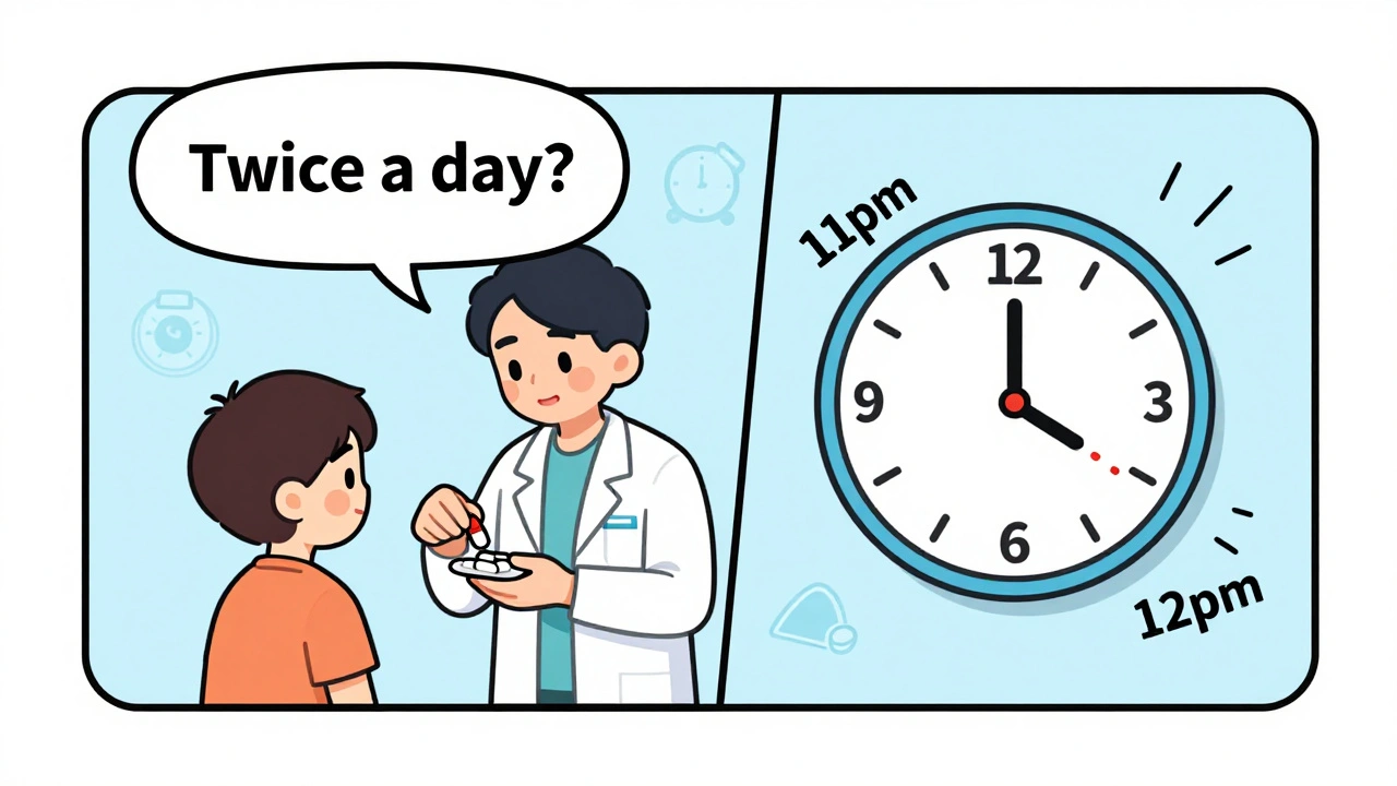 Technician and patient demonstrating medication timing, with visual comparison of incorrect and correct dosing schedules.