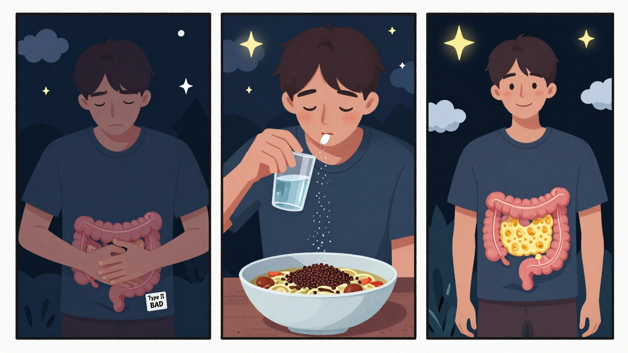 Three-panel comic showing BAD diagnosis, treatment with binder and psyllium, and improved lifestyle.