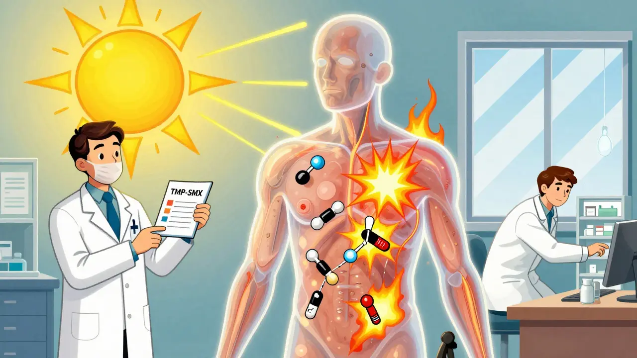 Transparent human with antibiotic molecules absorbing UV rays, causing fiery reactions inside the skin, cartoon illustration.