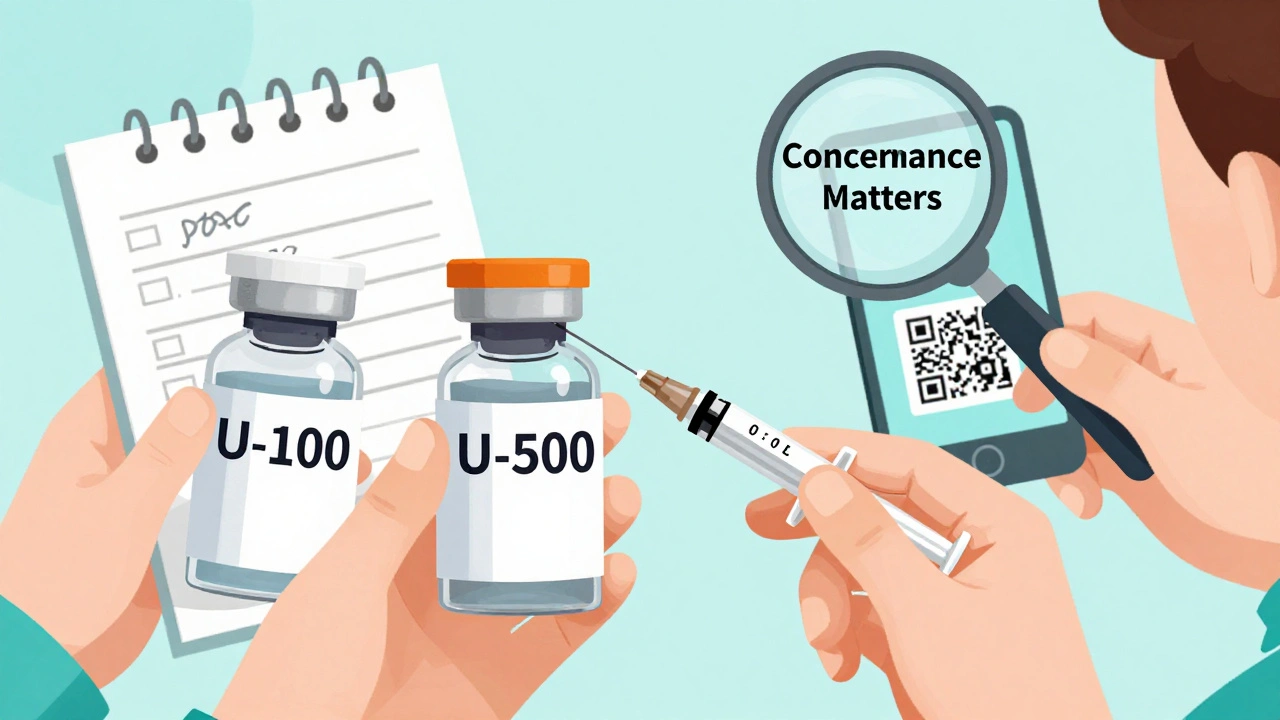 Two insulin vials with color-coded caps, a syringe drawing a tiny dose, and a phone scanning a QR code for usage instructions.
