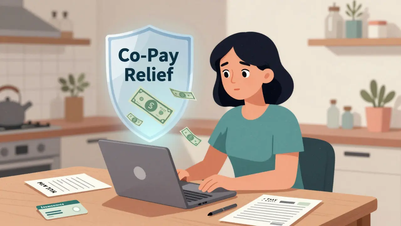 Woman at kitchen table with medical documents and a floating 'Co-Pay Relief' shield blocking falling money.