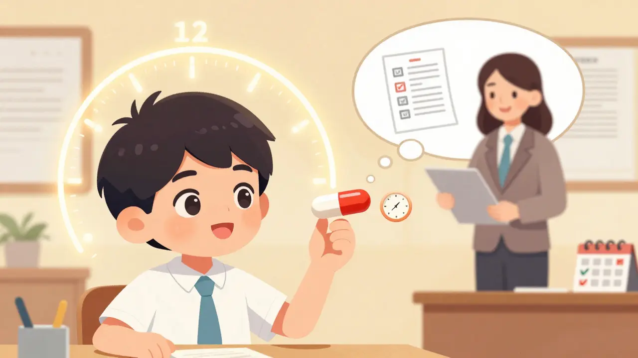 A child with an extended-release ADHD pill creating a steady 12-hour focus timeline, while a split immediate-release pill shows multiple doses throughout the day.