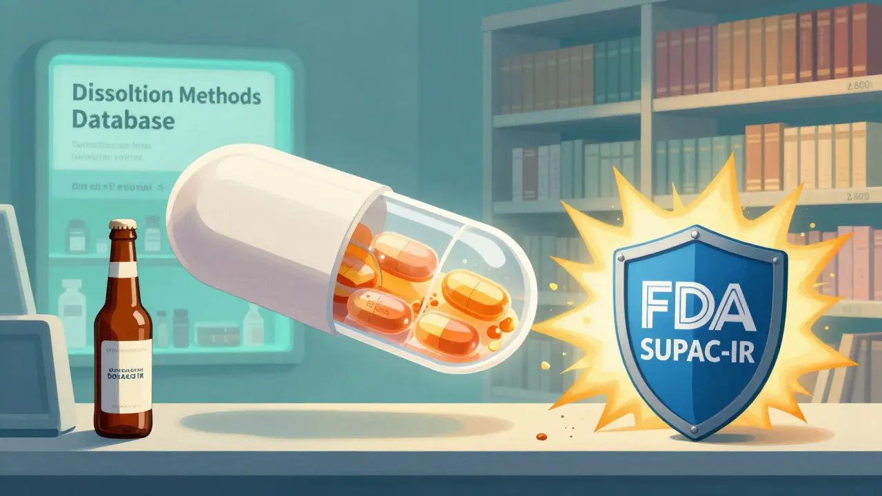 A cross-section pill releasing medicine over 24 hours, with a beer bottle causing dangerous spikes.