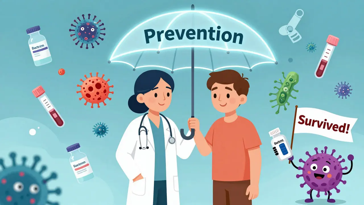 A doctor and patient protected by a prevention umbrella from infectious threats, holding medication.