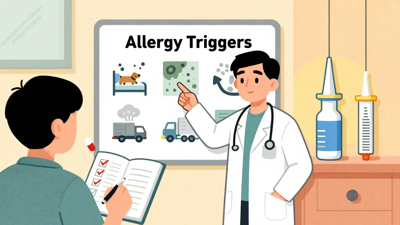 A doctor explains allergy triggers on a chart while a patient tracks symptoms, with environmental icons floating nearby.