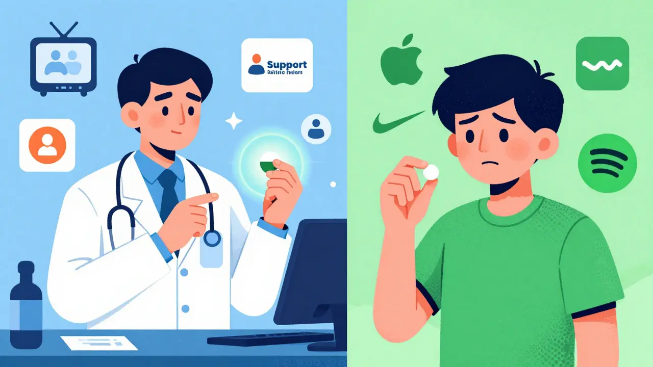 A doctor prescribing a branded pill on one side, a Gen Z person holding a generic pill surrounded by tech brand icons on the other.