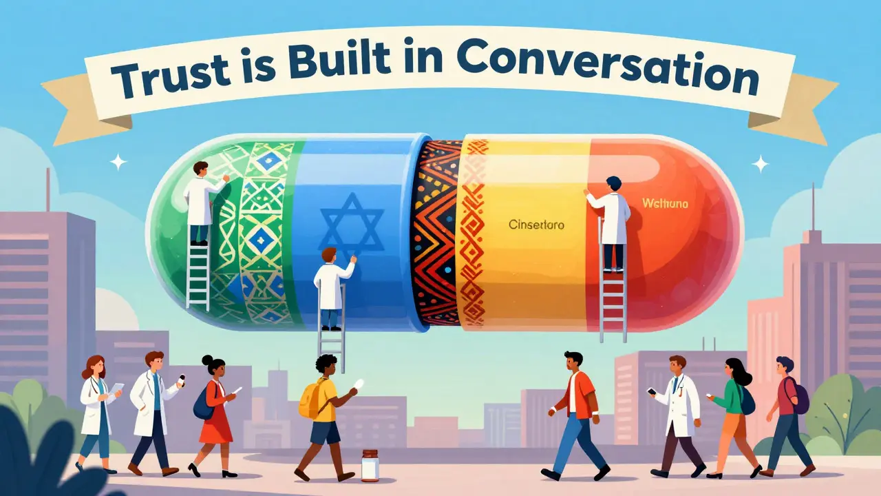 A giant culturally segmented pill floating over a city, with pharmacists labeling it and patients walking confidently below holding their medications.