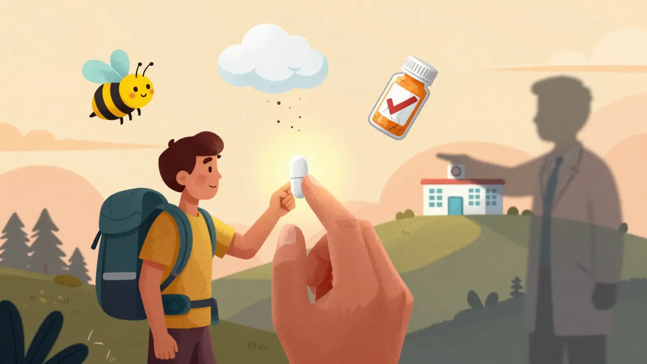 A hiker considers using an expired allergy pill while seeing a distant clinic in the hills.