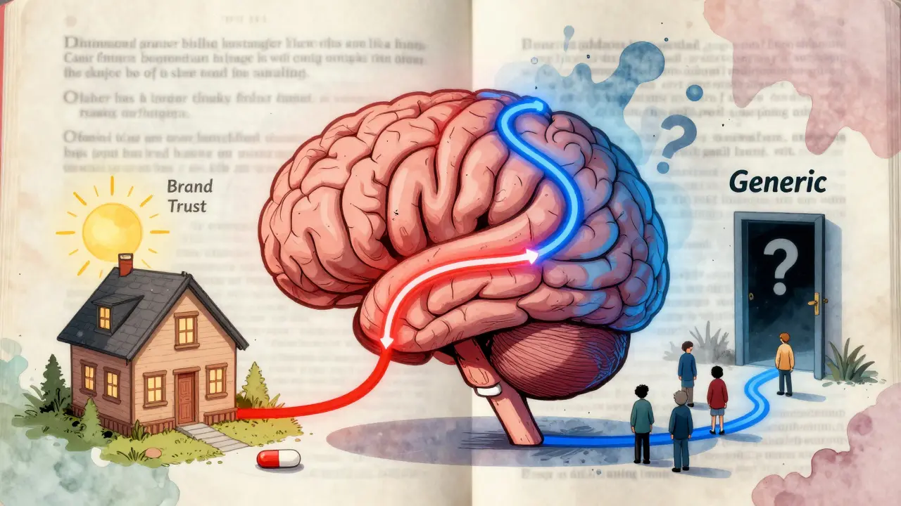 A human brain with two paths: one leading to a warm home with a familiar pill, the other to a shadowy door with question marks.