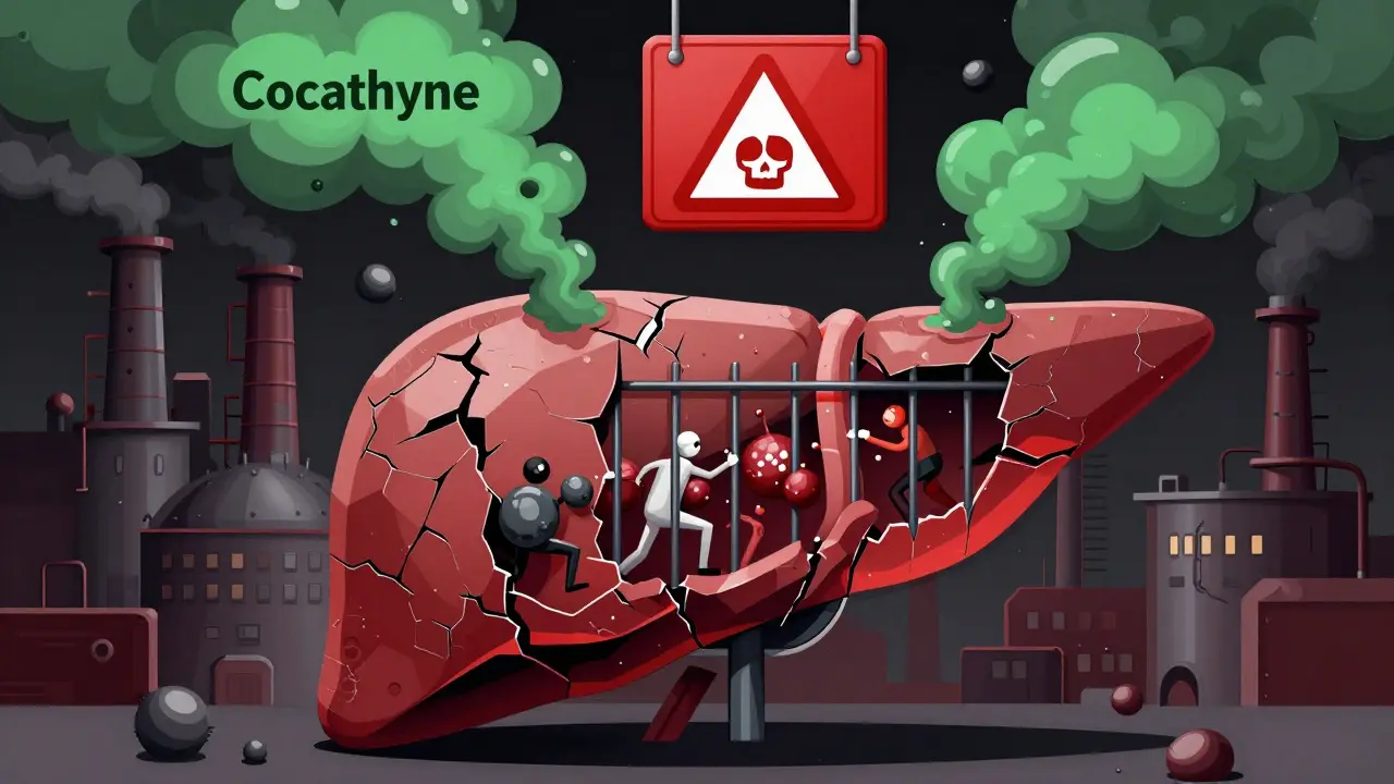 A liver depicted as a smoking factory producing toxic fumes from cocaine and heroin interaction.
