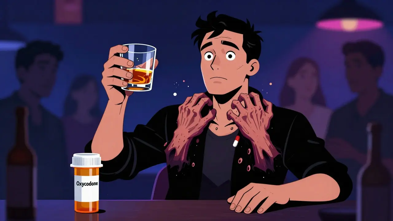 A man drinking alcohol while a prescription pill transforms into hands choking him from within his chest.