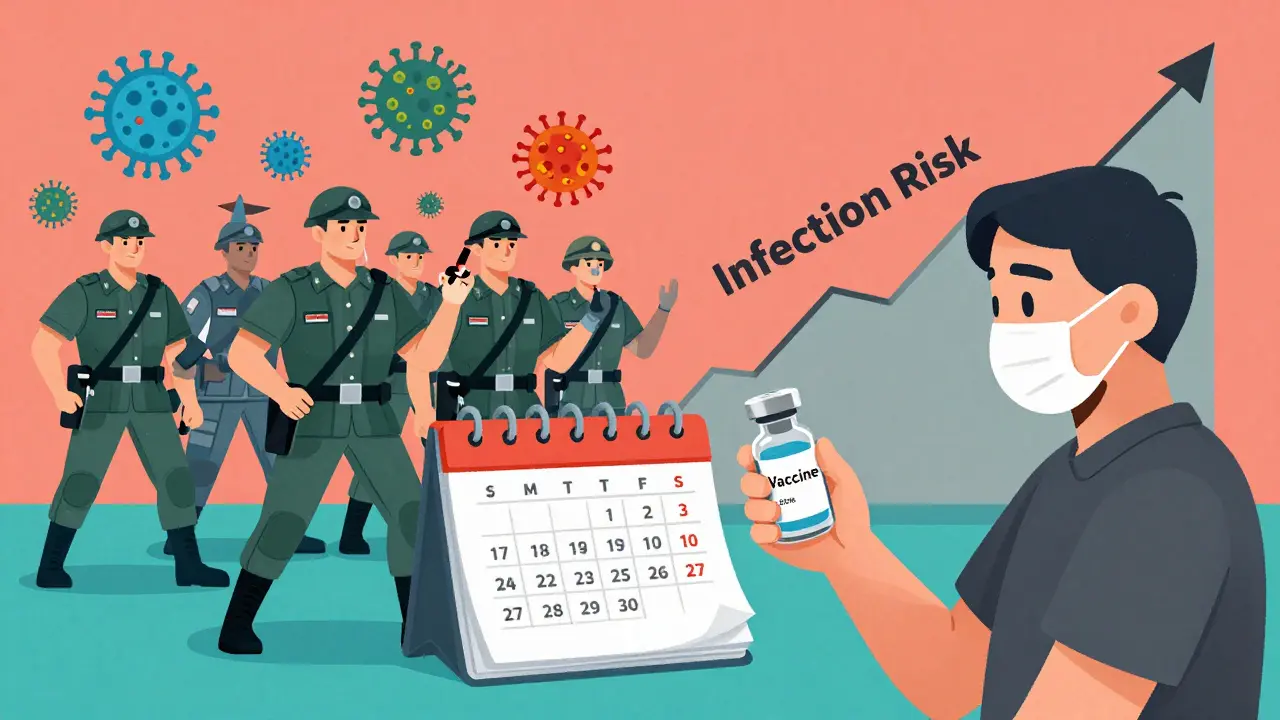 A patient beside a calendar showing rising infection risk, with split immune system scenes.