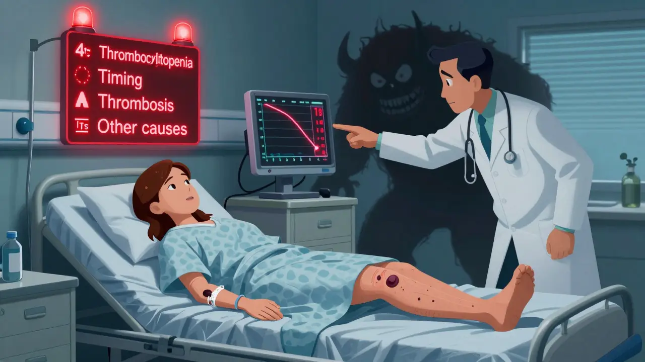 A patient with skin necrosis and swollen leg, surrounded by glowing medical warning signs for HIT.