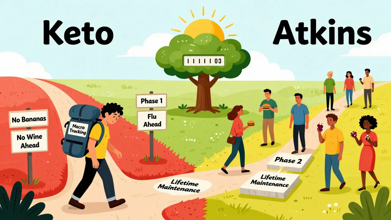 A person choosing between two paths: one narrow and harsh labeled Keto, the other wide and welcoming labeled Atkins.