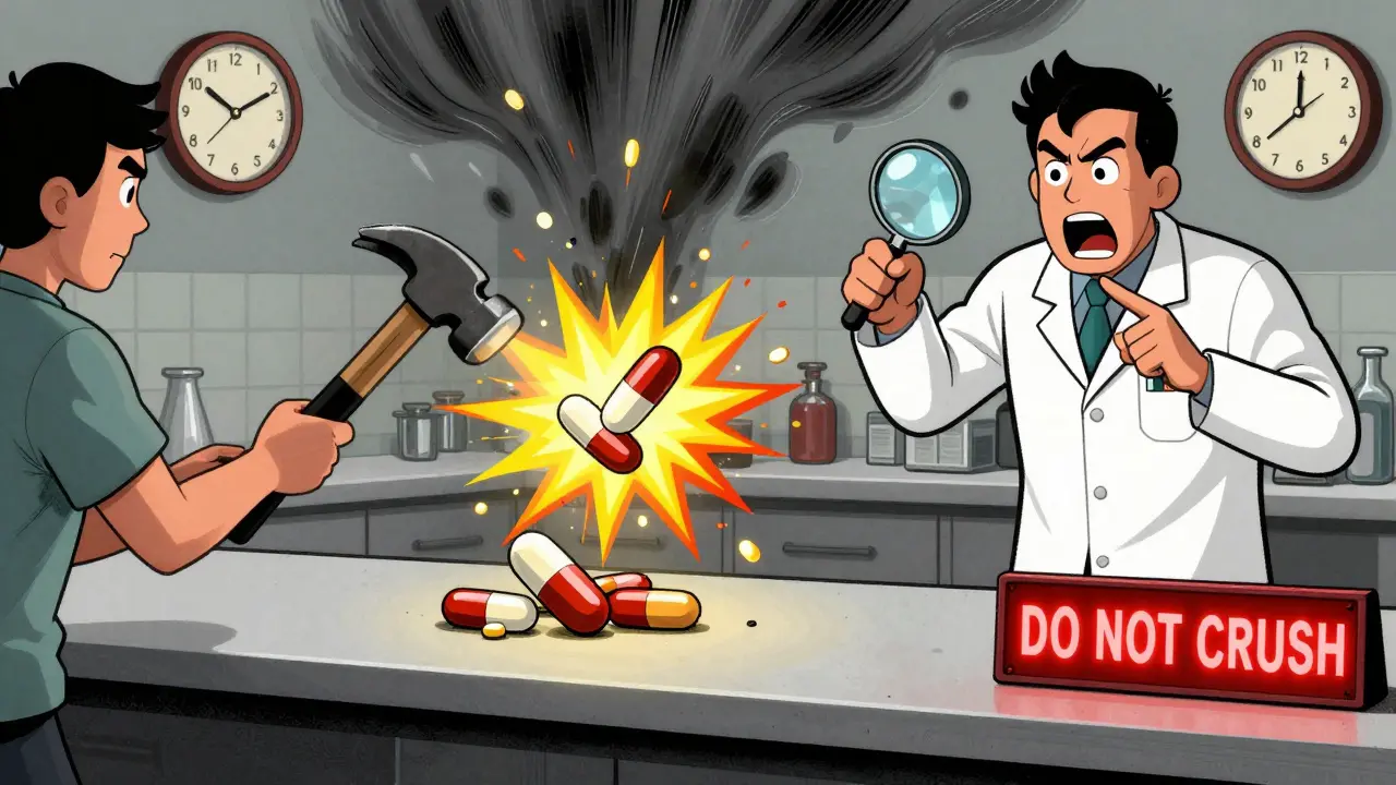 A person crushing an extended-release pill with a hammer, causing a dangerous explosion, while a pharmacist warns them with a magnifying glass.