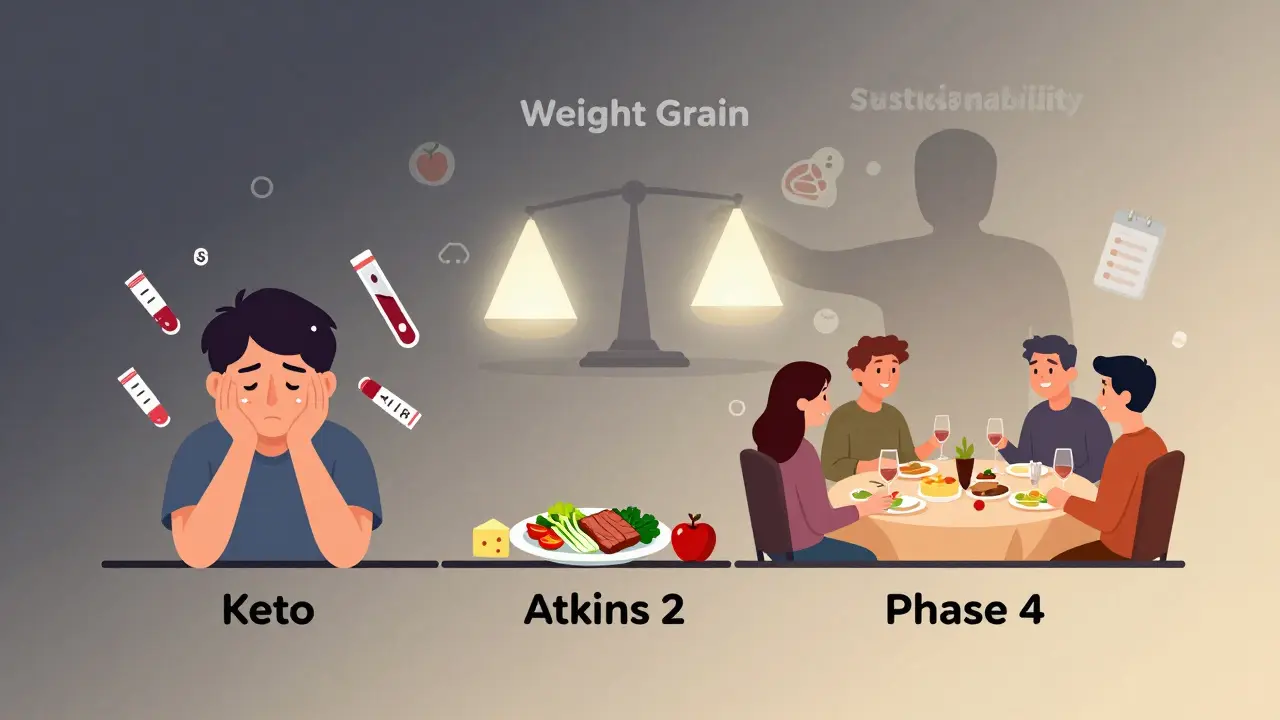 A timeline illustration of someone transitioning from exhausting keto to sustainable Atkins lifestyle with friends and food.