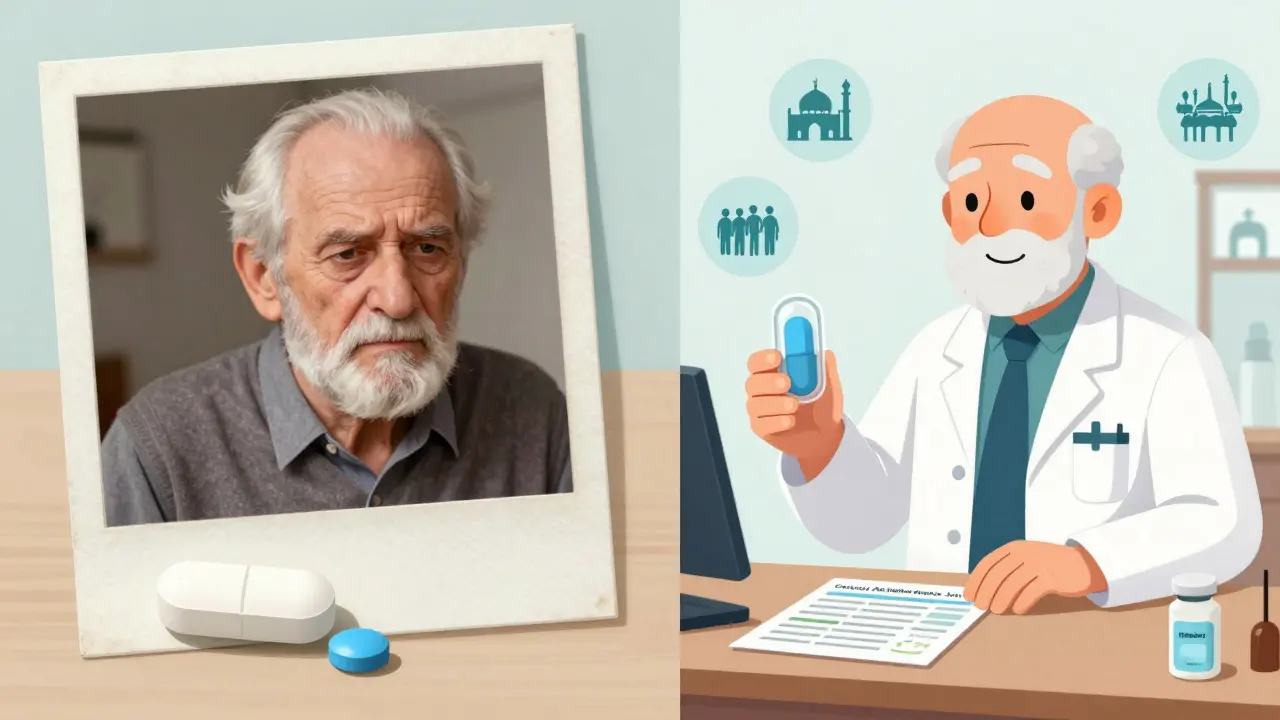 An elderly man comparing his old blue pill to a new white one, then smiling as he receives a halal-certified version with a cultural guide on the counter.