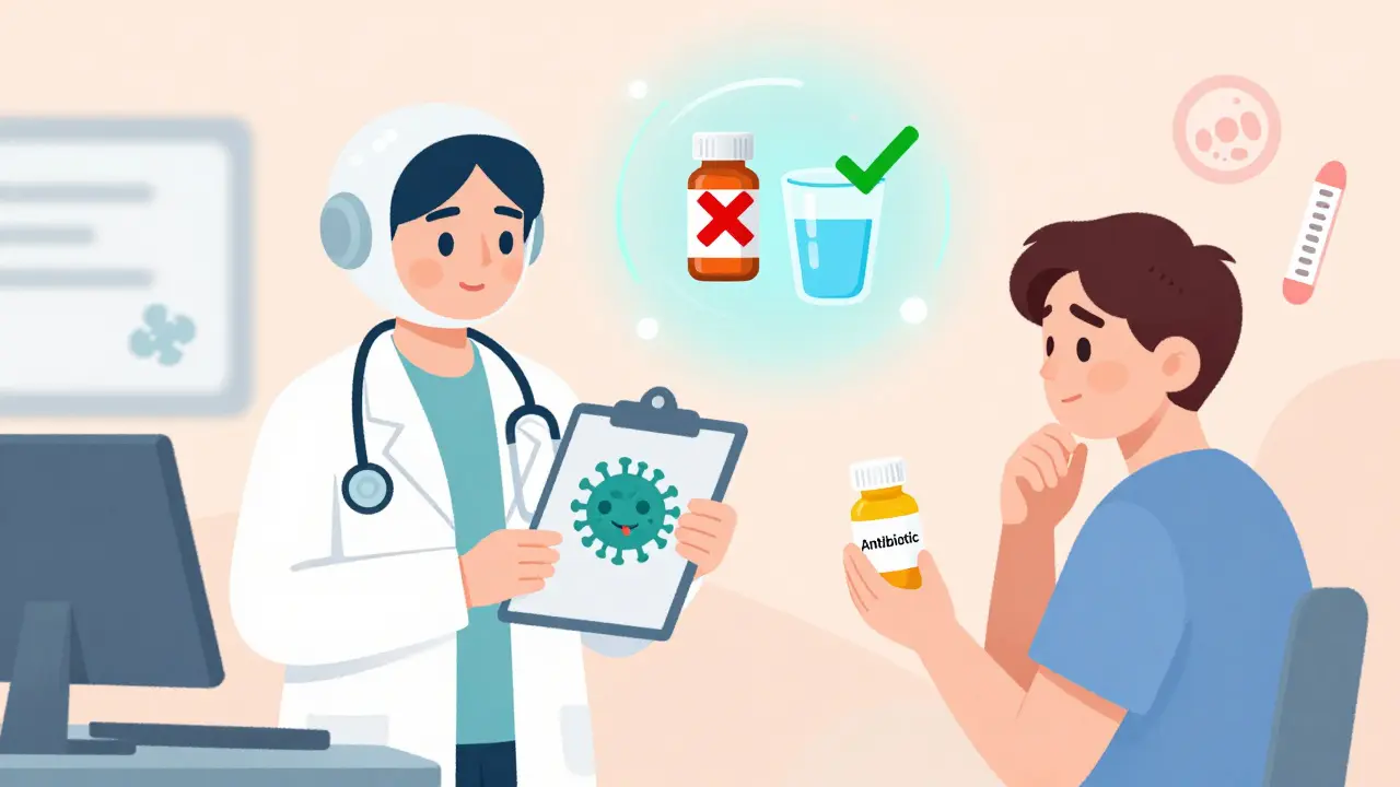 Doctor and patient with AI advising against unnecessary antibiotic use