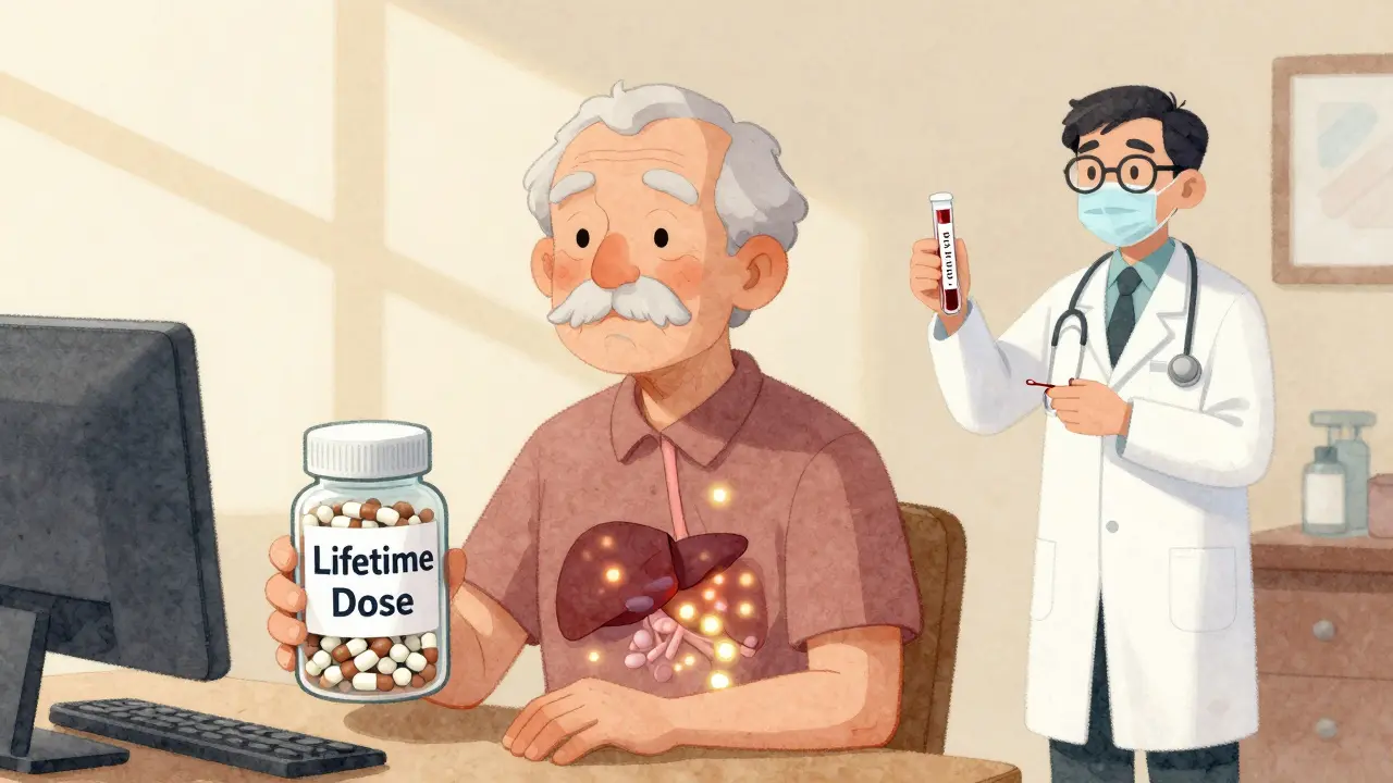 Elderly person holding a jar full of pills while a doctor overlooks hidden toxicity in their body.