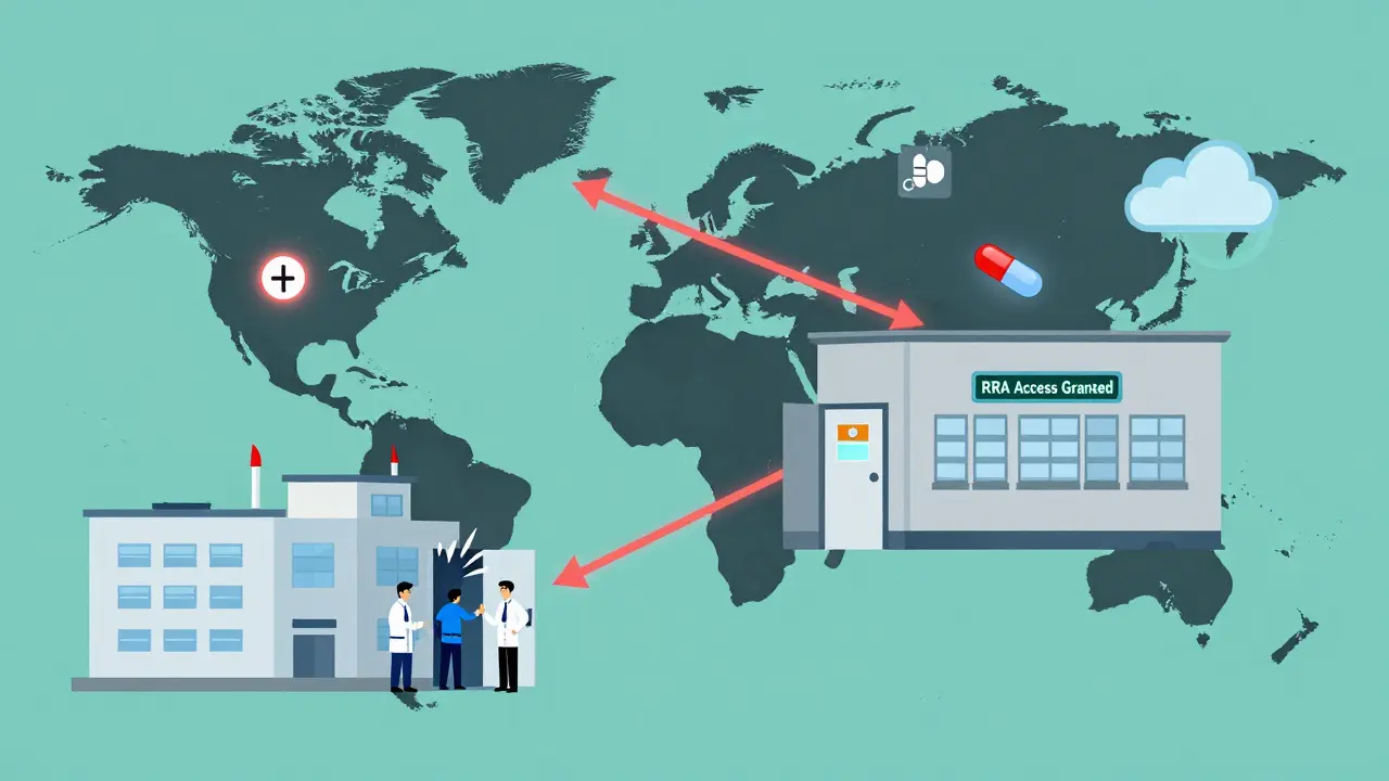 Global map showing unannounced FDA inspections at foreign factories versus remote access at domestic facilities.