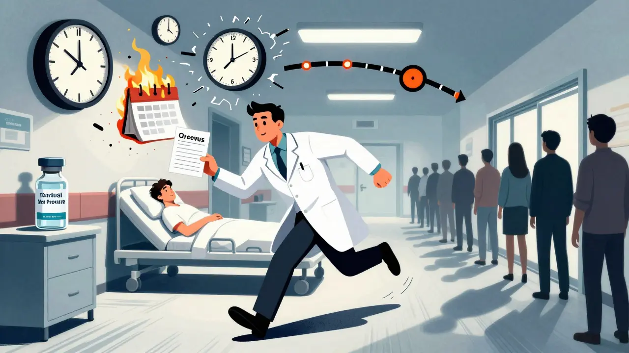 Oncologist rushing with prescription as time breaks around them and patient waits