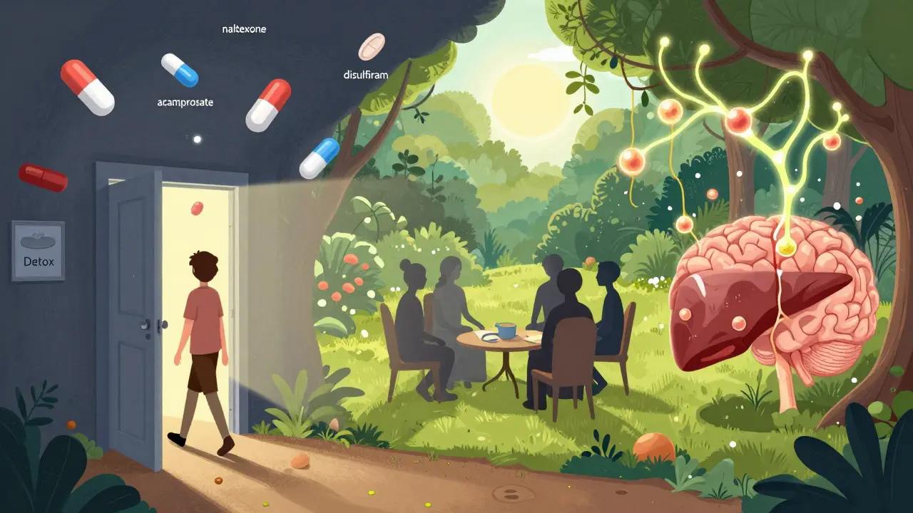 Person walking through treatment tunnel with medication pills, emerging into a garden where brain neurons reconnect and liver heals.