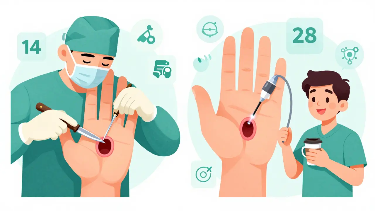 Side-by-side comparison of open and endoscopic carpal tunnel surgery procedures with recovery timelines.