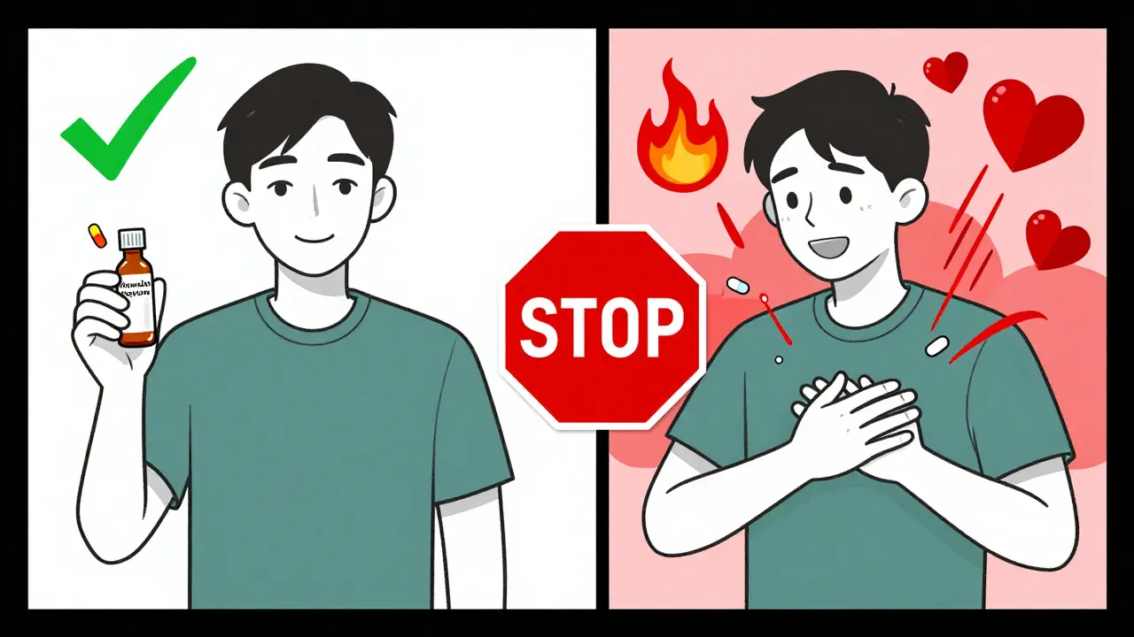 Split illustration: calm patient with safe nausea meds vs. distressed patient with risky combo, separated by a red STOP sign.