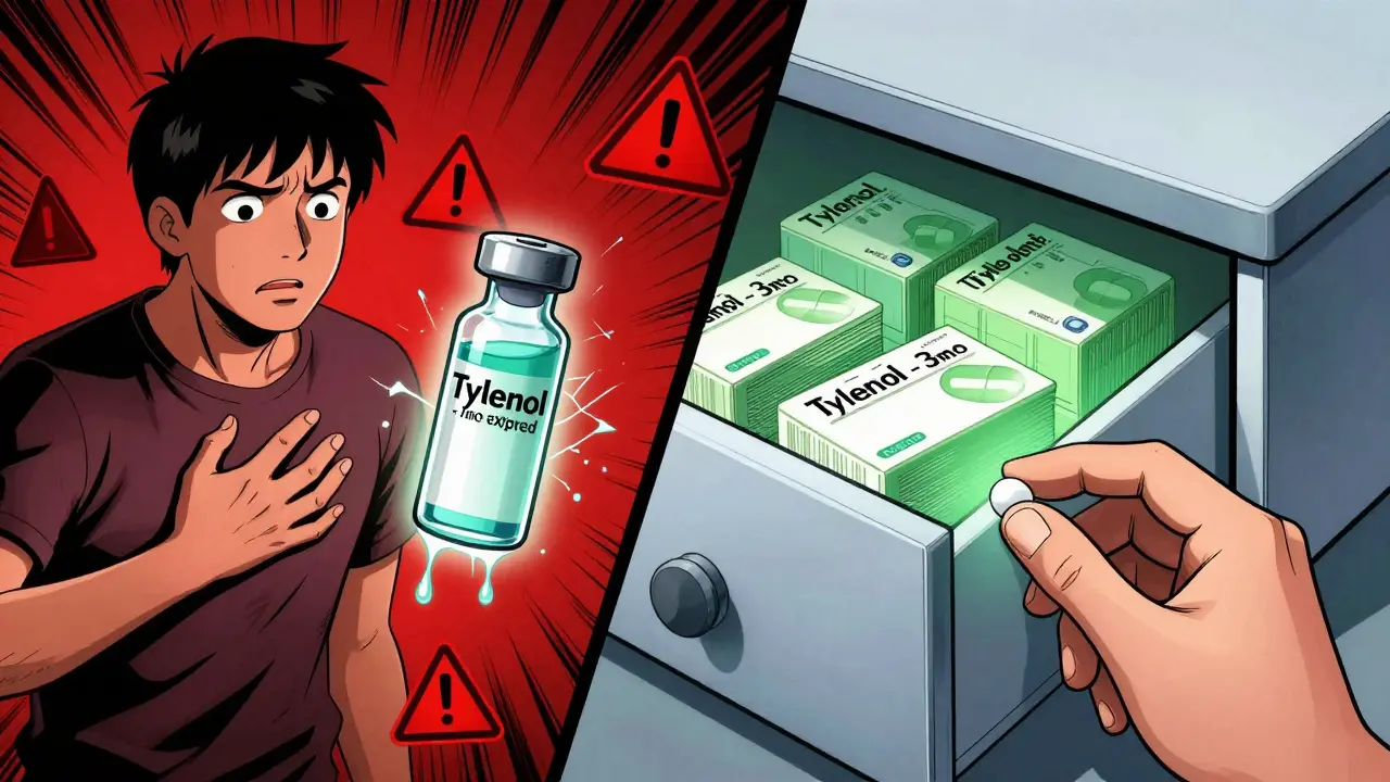 Split image: dangerous expired insulin on one side, safe expired painkiller on the other.