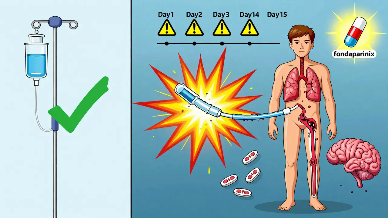 Split-panel showing safe saline flush vs dangerous heparin flush causing life-threatening clots.