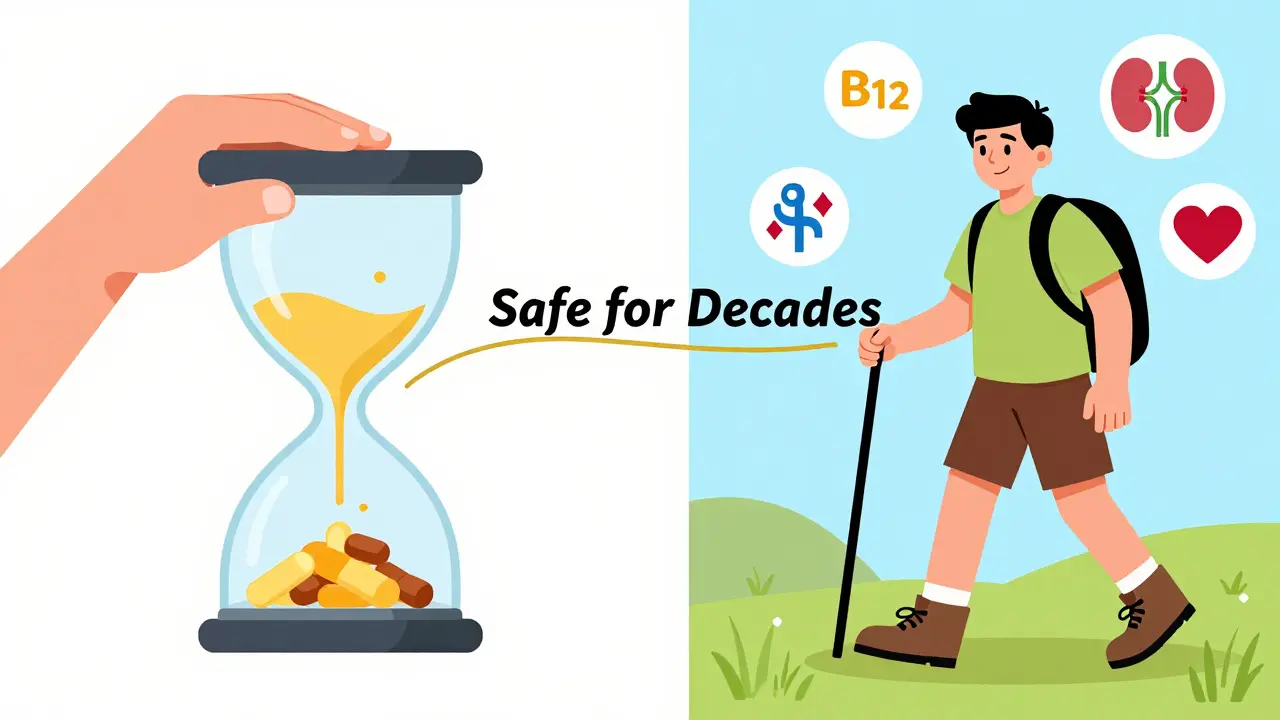 Split scene: gentle extended-release metformin leading to healthy lifestyle with B12 and kidney check icons.