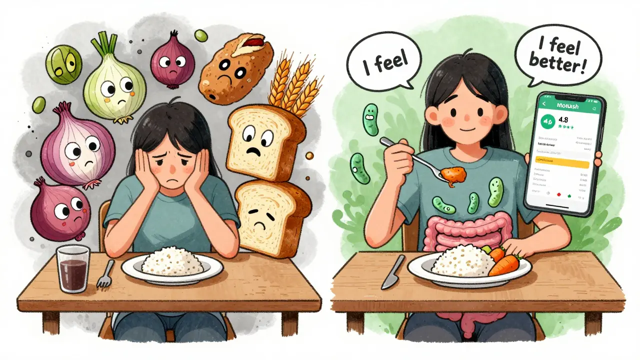 Split scene of stressed diner vs. happy eater with friendly gut bacteria and Monash app floating nearby