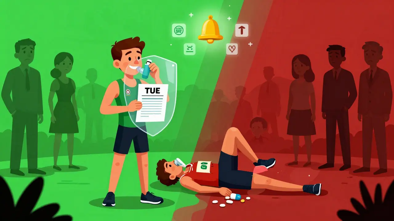 Split scene: one athlete safe with TUE, another collapsed mid-race with spilled pills