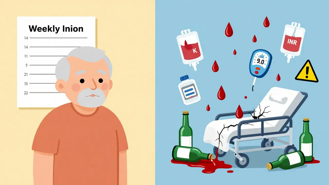Split scene: steady alcohol use vs. binge drinking causing INR crisis, medical symbols floating.
